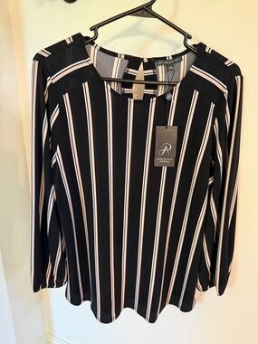 Adrianna Papell Black Blouse with Pink and White Stripes